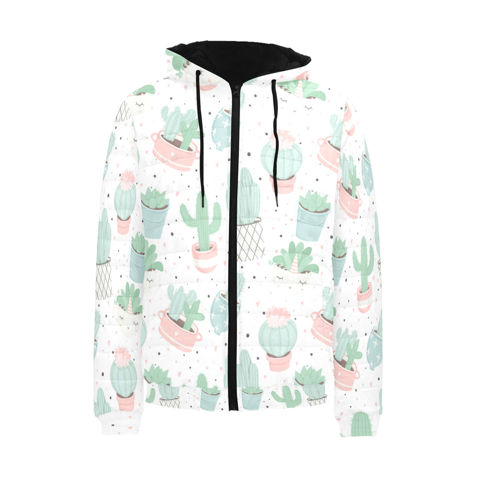 Pastel color cactus pattern Men's Padded Hooded Jacket