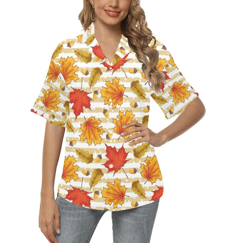 Maple leaf oak leaf acorns beige striped backgroun Women's All Over Print Hawaiian Shirt