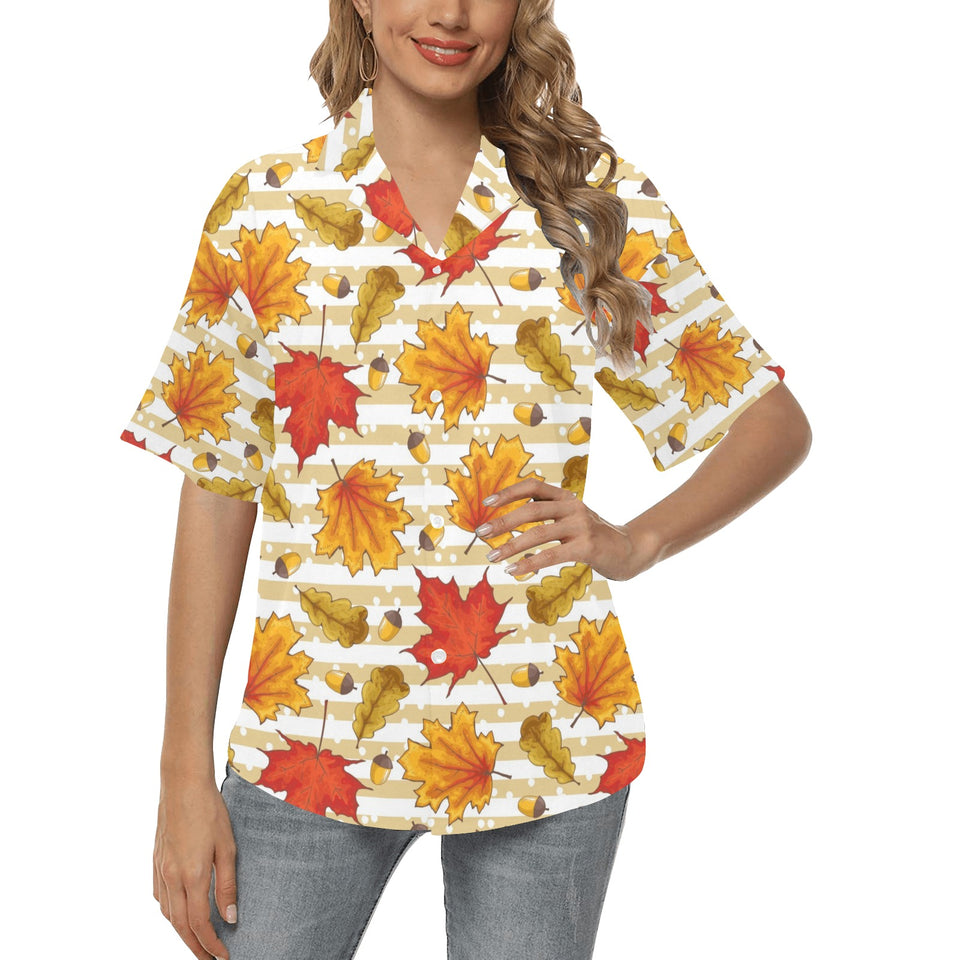 Maple leaf oak leaf acorns beige striped backgroun Women's All Over Print Hawaiian Shirt