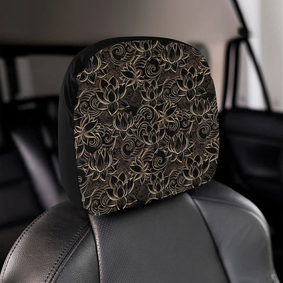 luxurious gold lotus waterlily black background Car Headrest Cover