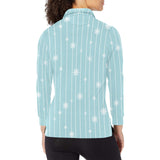 Snowflake pattern blue stripe background Women's Long Sleeve Polo Shirt