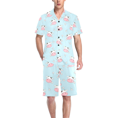 Cute cow flower pattern Men's V-Neck Short Pajama Set