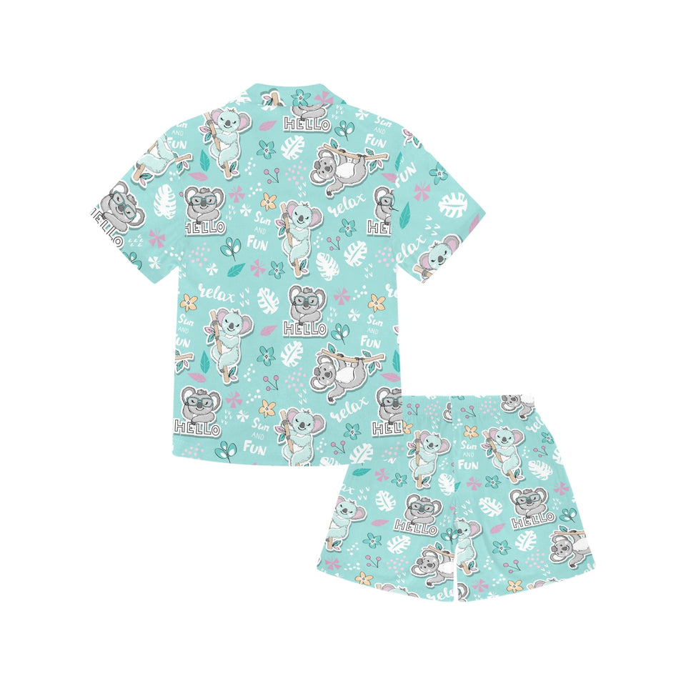 Cute koalas blue background pattern Kids' Boys' Girls' V-Neck Short Pajama Set