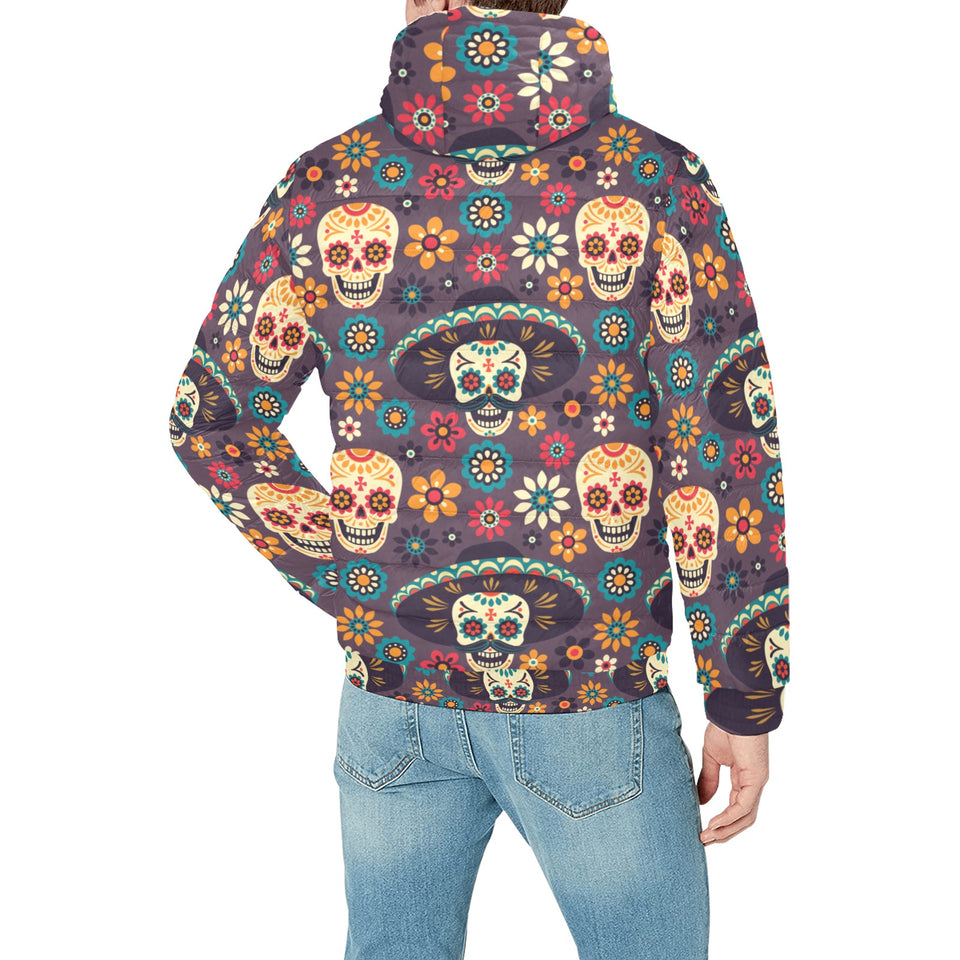 Sugar skulls flower maxican pattern Men's Padded Hooded Jacket