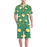 Durian pattern green background Men's V-Neck Short Pajama Set