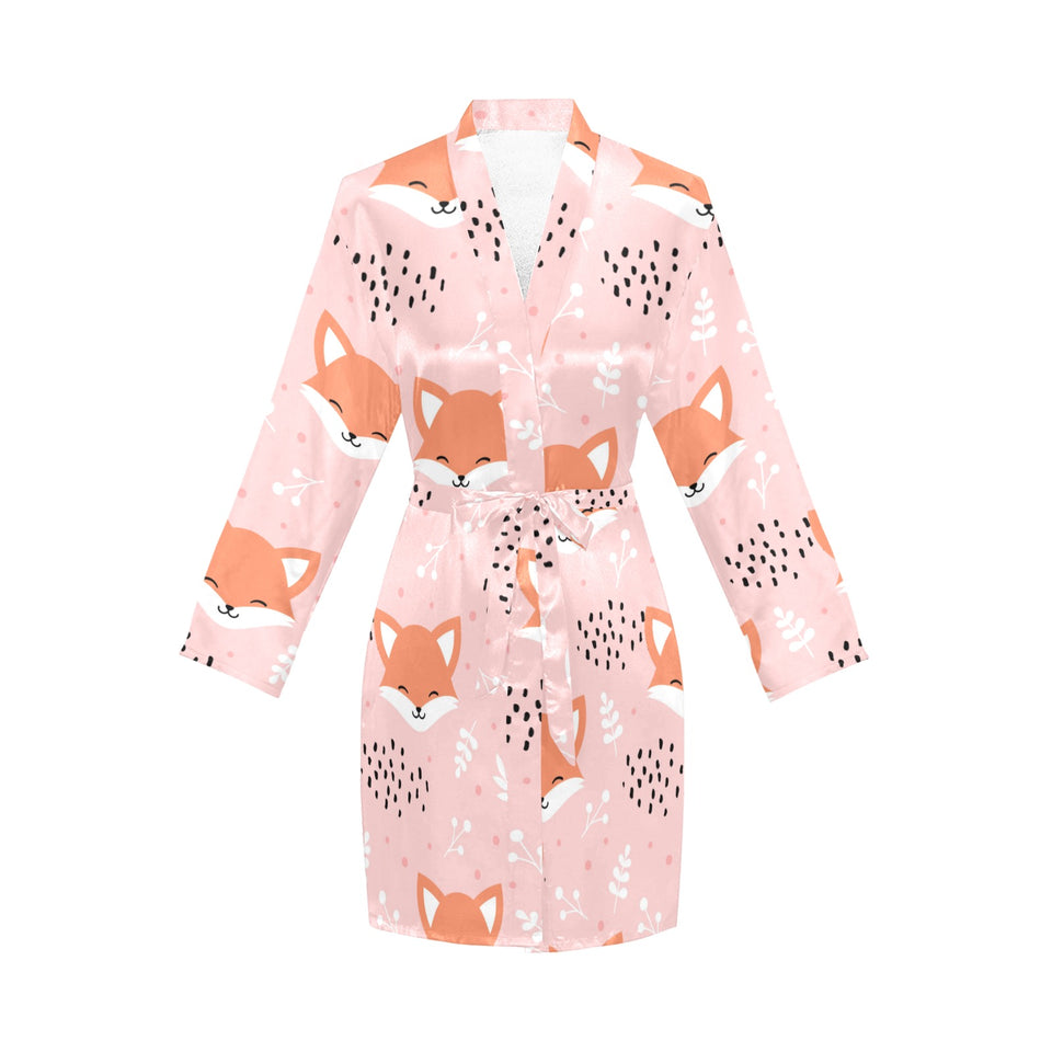 Cute fox pattern pink background Women's Long Sleeve Belted Night Robe