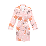 Cute fox pattern pink background Women's Long Sleeve Belted Night Robe