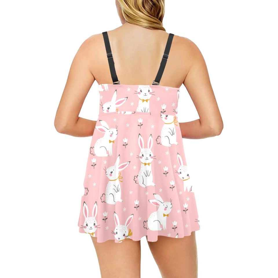 Cute white rabbit flower pink background Chest Sexy Pleated Two Piece Swim Dress
