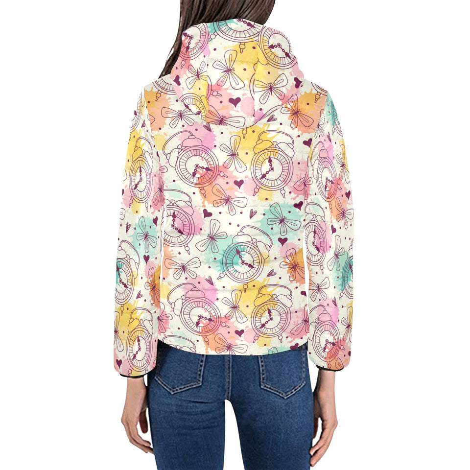 Clock butterfly pattern Women's Padded Hooded Jacket