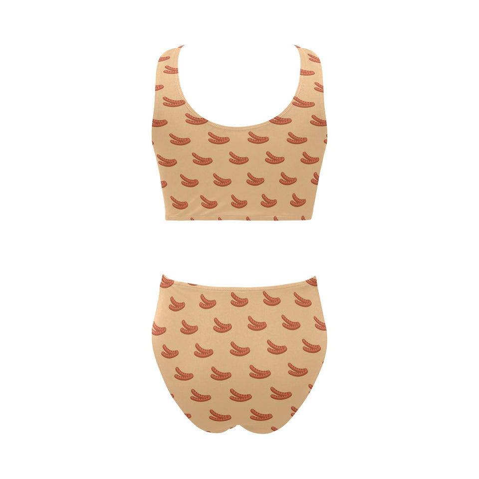 Sausage Pattern Print Design 03 Chest Bowknot High Waisted Bikini Swimsuit