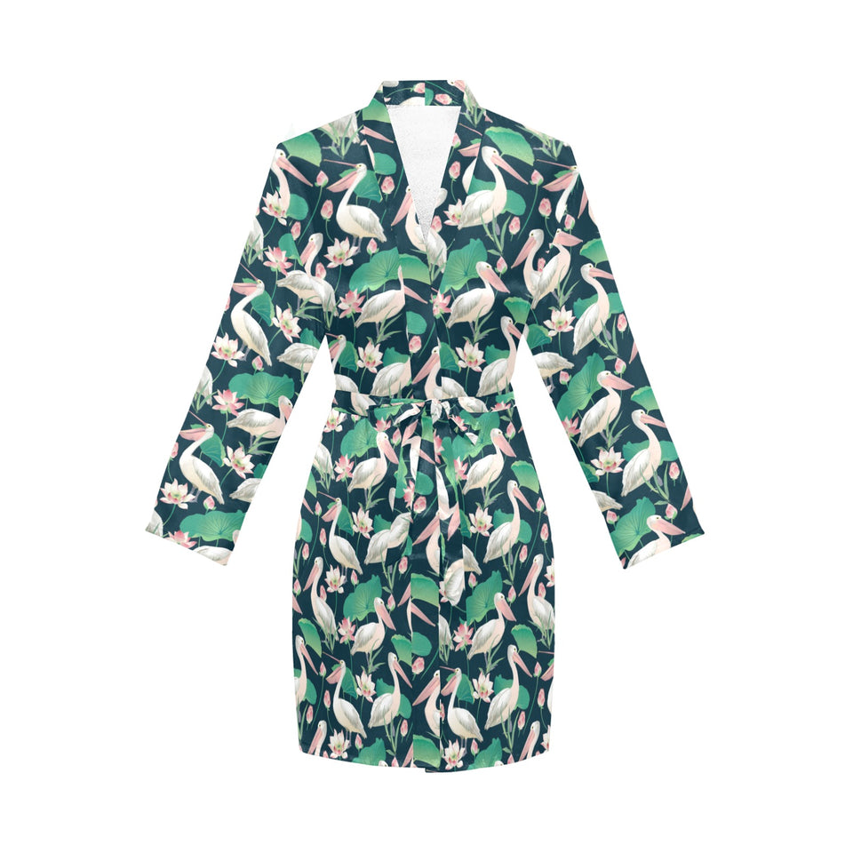 Pelican Pattern Print Design 03 Women's Long Sleeve Belted Night Robe