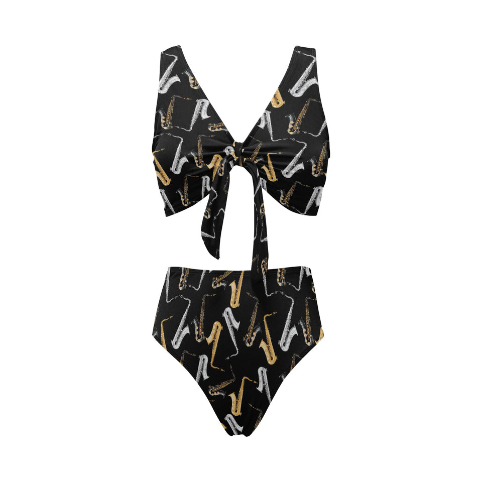 saxophone design pattern Chest Bowknot High Waisted Bikini Swimsuit