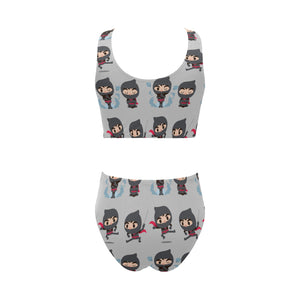 Cute ninja pattern Chest Bowknot High Waisted Bikini Swimsuit