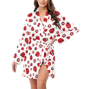 Ladybug Pattern Print Design 04 Women's Long Sleeve Belted Night Robe