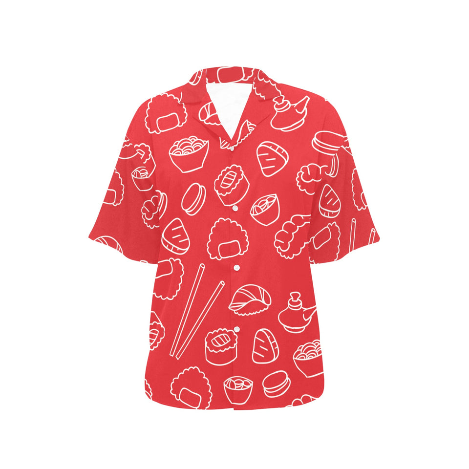 sushi pattern red background Women's All Over Print Hawaiian Shirt