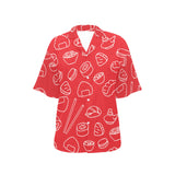 sushi pattern red background Women's All Over Print Hawaiian Shirt