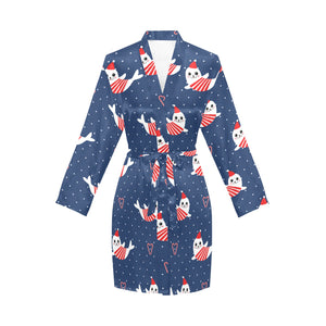 Cute sea lion seal christmas hat candy cane heart Women's Long Sleeve Belted Night Robe