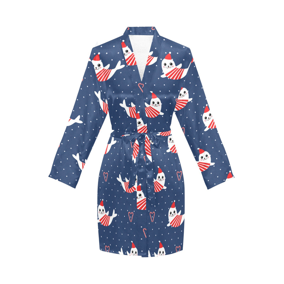 Cute sea lion seal christmas hat candy cane heart Women's Long Sleeve Belted Night Robe
