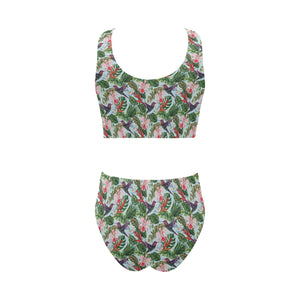 Hummingbird Pattern Print Design 05 Chest Bowknot High Waisted Bikini Swimsuit