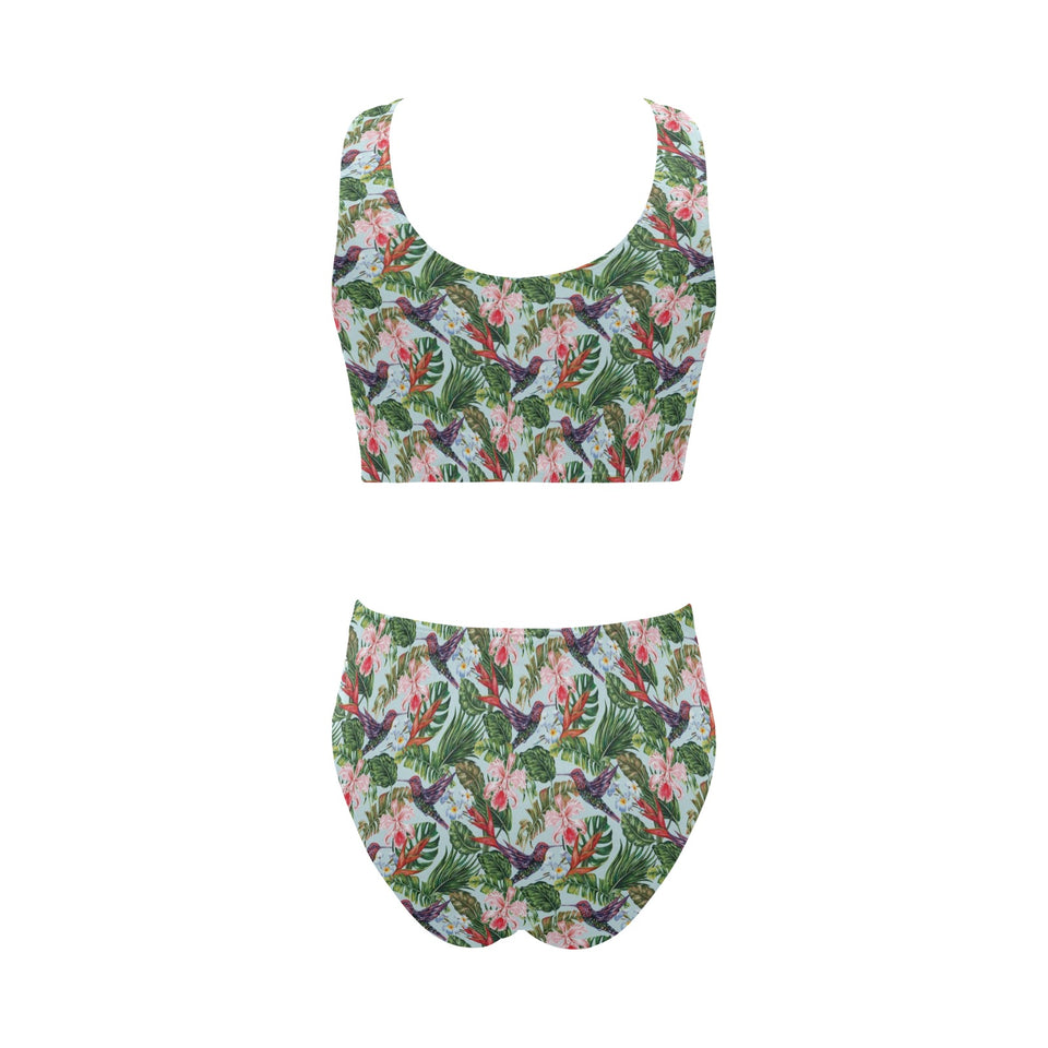 Hummingbird Pattern Print Design 05 Chest Bowknot High Waisted Bikini Swimsuit