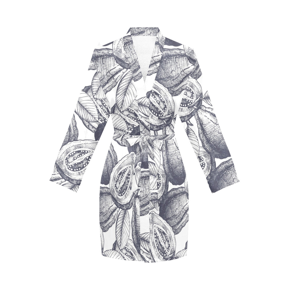 Guava tropical hand drawn pattern Women's Long Sleeve Belted Night Robe