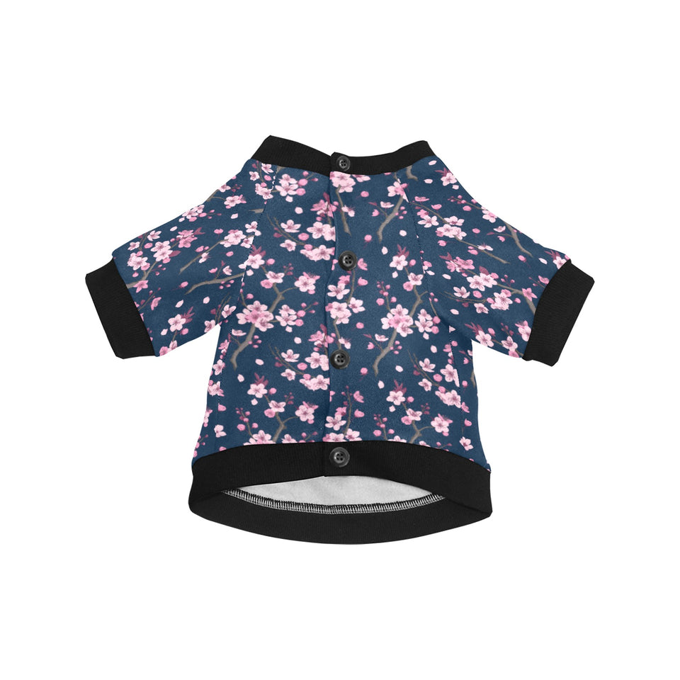 Pink sakura cherry blossom blue background All Over Print Pet Dog Round Neck Fuzzy Shirt