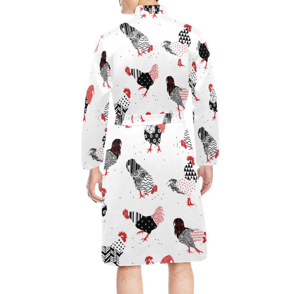 Cool rooster chicken cock floral ornament backgrou Men's Long Sleeve Belted Night Robe