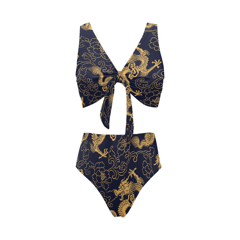 Gold dragon pattern Chest Bowknot High Waisted Bikini Swimsuit