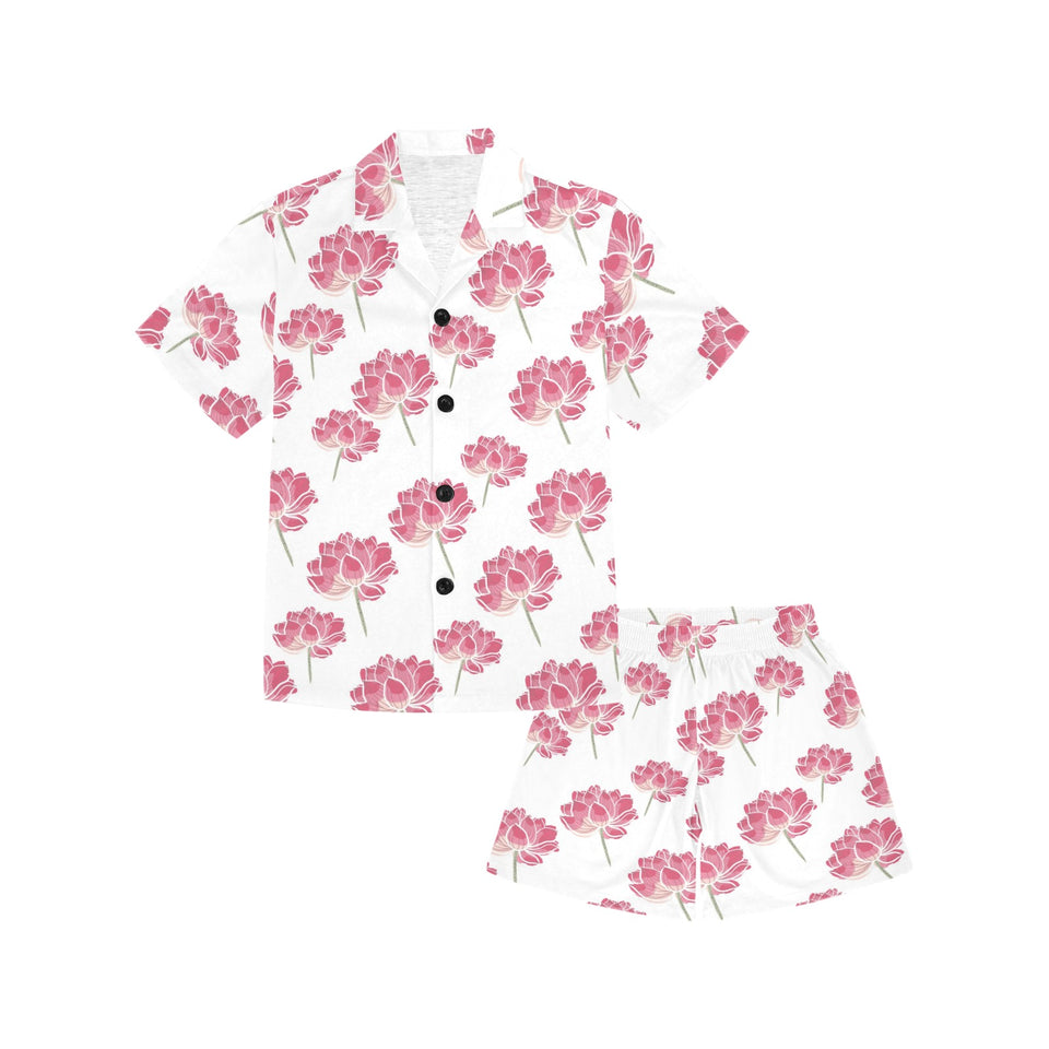 Pink lotus waterlily pattern Kids' Boys' Girls' V-Neck Short Pajama Set