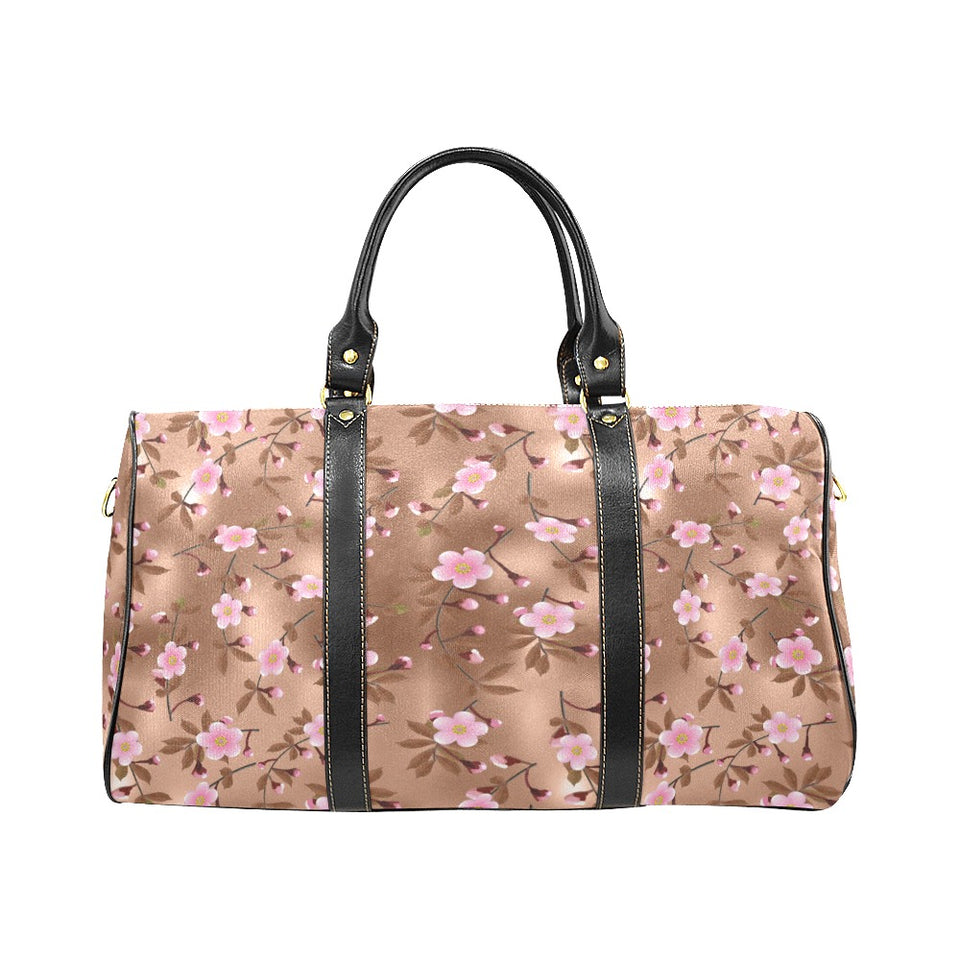 Pink sakura cherry blossom drak brown background Travel Bag