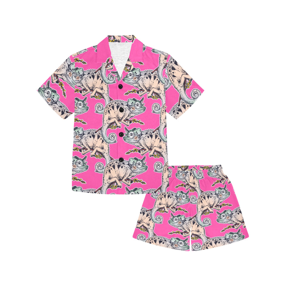 Chameleon lizard pattern pink background Kids' Boys' Girls' V-Neck Short Pajama Set