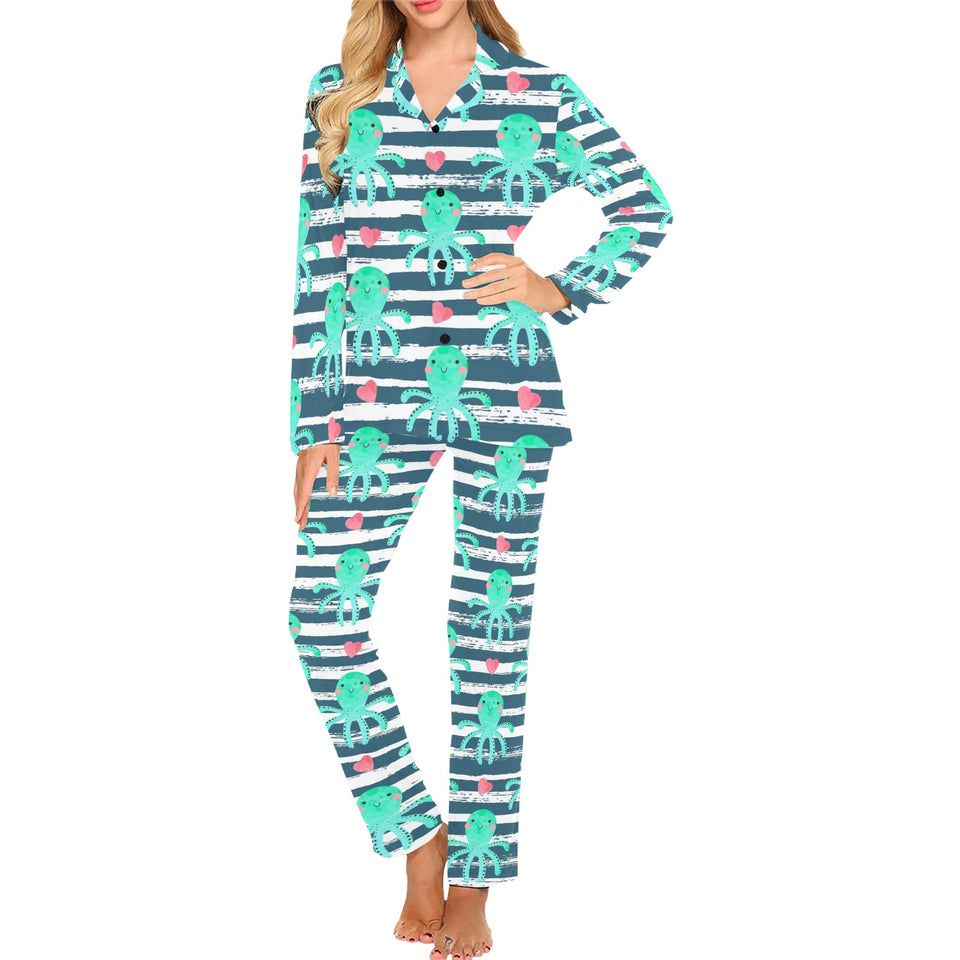 Cute octopuses heart striped background Women's Long Pajama Set