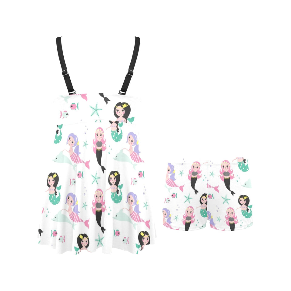 cute mermaid dolphin fish starfish pattern Chest Sexy Pleated Two Piece Swim Dress