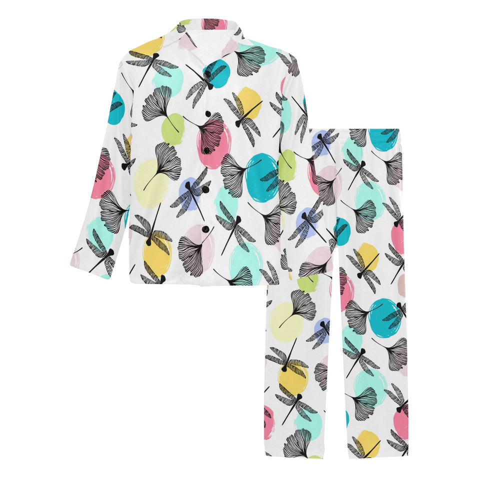 Dragonflies ginkgo leaves pattern Men's Long Pajama Set