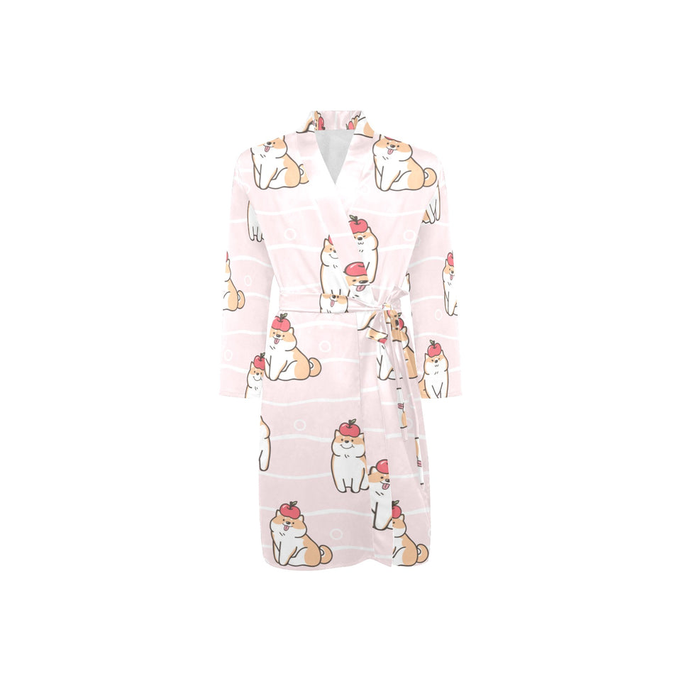 Cute Shiba Inu Dog Apple pattern Men's Long Sleeve Belted Night Robe