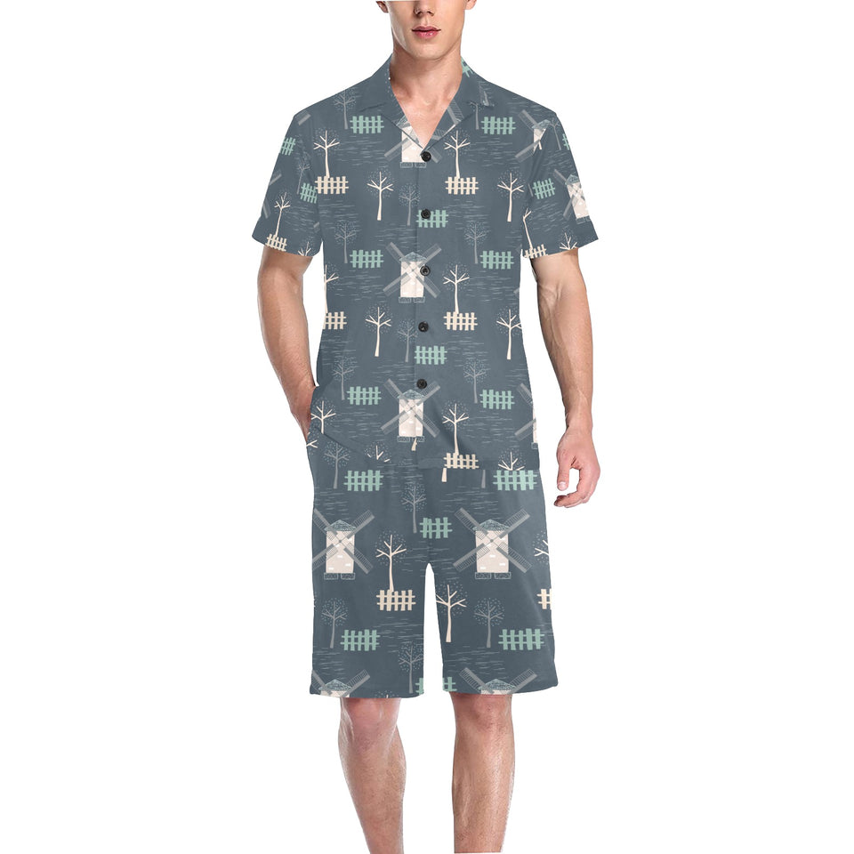 windmill tree pattern Men's V-Neck Short Pajama Set