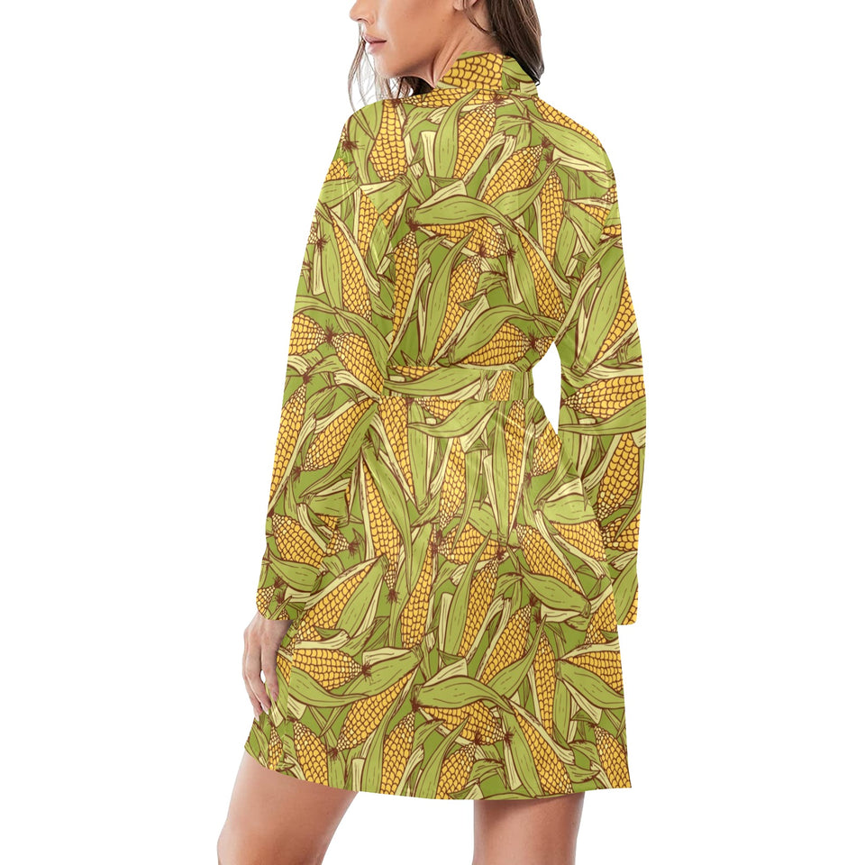 Corn Pattern Print Design 01 Women's Long Sleeve Belted Night Robe