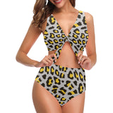 Gray Leopard print pattern Chest Bowknot High Waisted Bikini Swimsuit