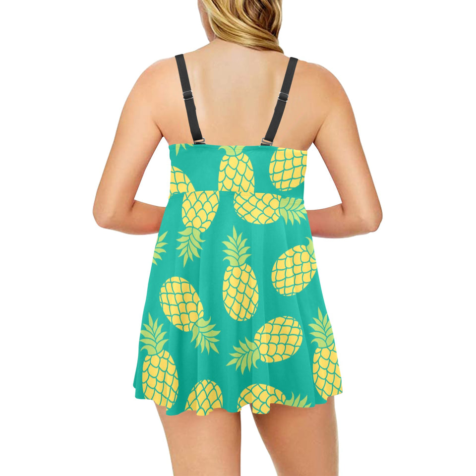 Pineapples pattern green background Chest Sexy Pleated Two Piece Swim Dress