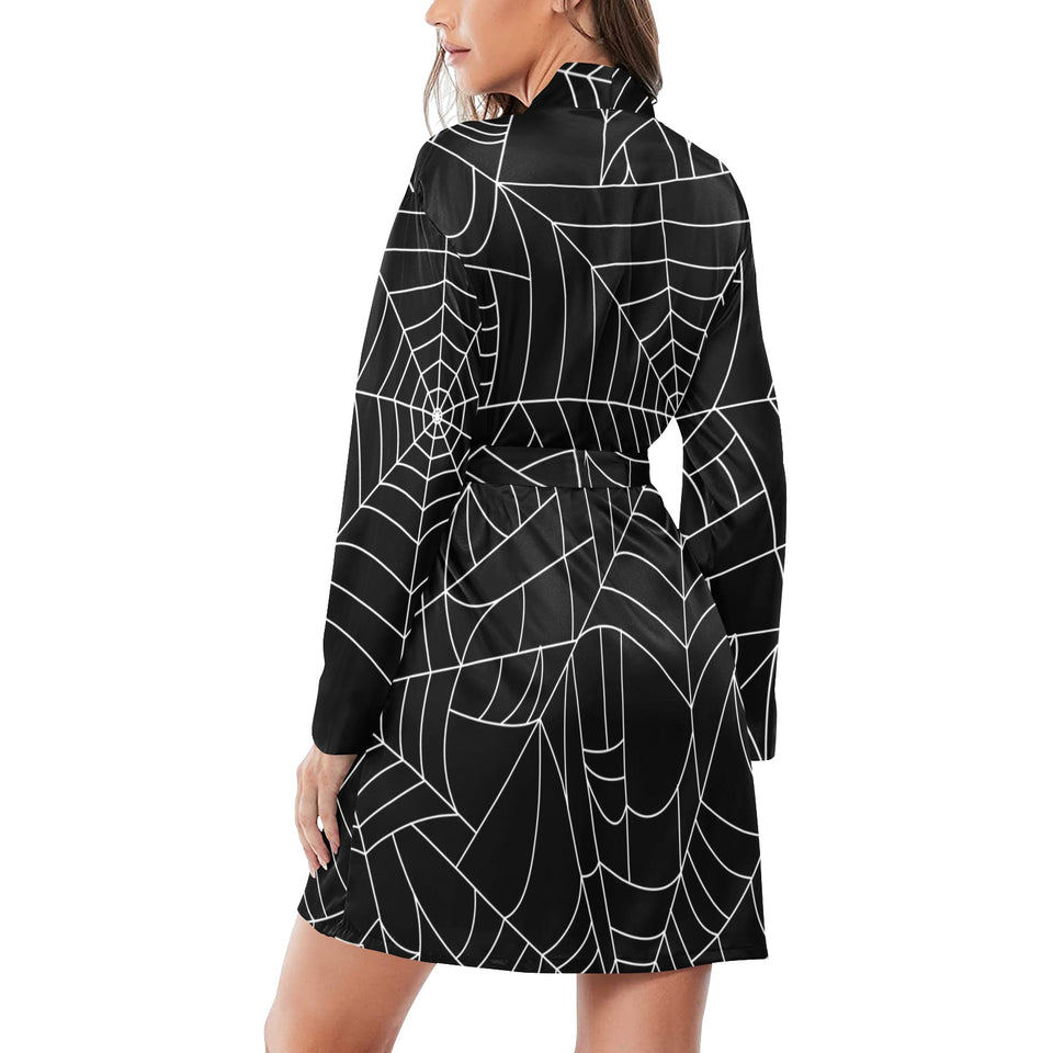 Spider web pattern Black background white cobweb Women's Long Sleeve Belted Night Robe