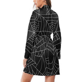 Spider web pattern Black background white cobweb Women's Long Sleeve Belted Night Robe