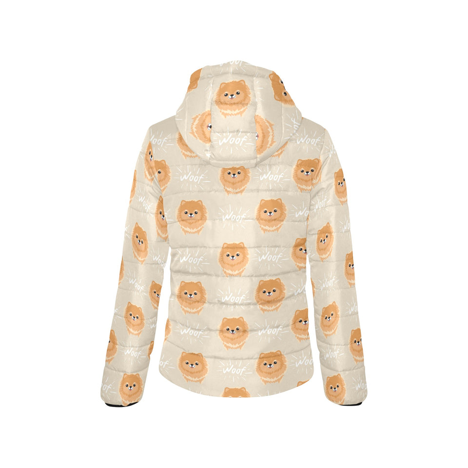 Cute brown pomeranian puppy on blue Women's Padded Hooded Jacket