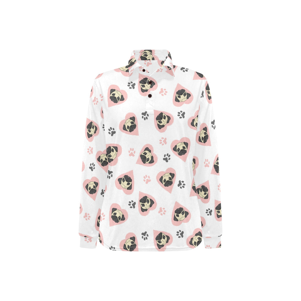 Cute pugs pink heart paw pattern Women's Long Sleeve Polo Shirt