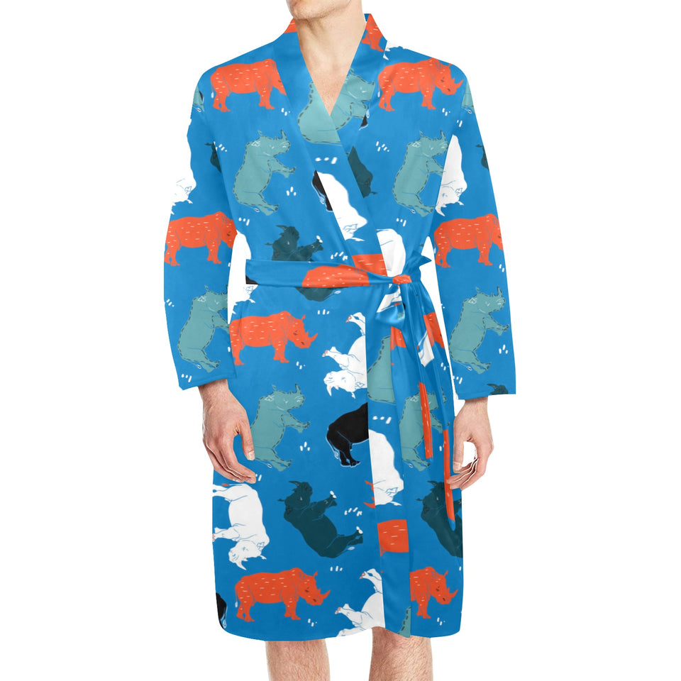 Colorful rhino pattern Men's Long Sleeve Belted Night Robe