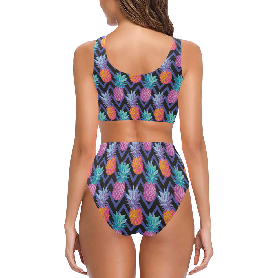 Pineapples pattern zigzag background Chest Bowknot High Waisted Bikini Swimsuit