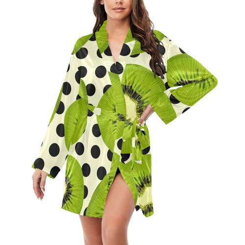 kiwi black dot background Women's Long Sleeve Belted Night Robe