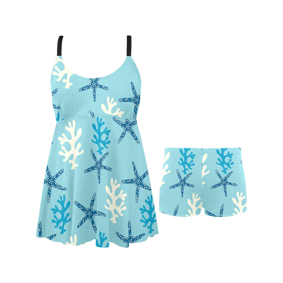 Blue starfish coral reef pattern Chest Sexy Pleated Two Piece Swim Dress