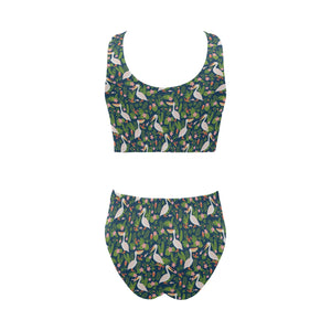 Pelican Pattern Print Design 05 Chest Bowknot High Waisted Bikini Swimsuit