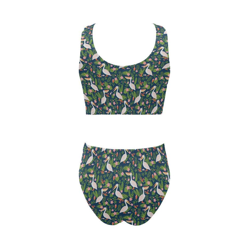 Pelican Pattern Print Design 05 Chest Bowknot High Waisted Bikini Swimsuit
