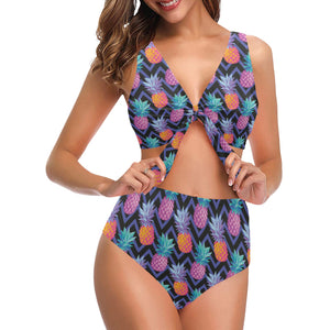Pineapples pattern zigzag background Chest Bowknot High Waisted Bikini Swimsuit